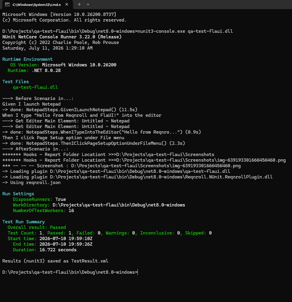 Terminal output of nunit3-console.exe running the qa-test-flaui.dll test suite with a passed result