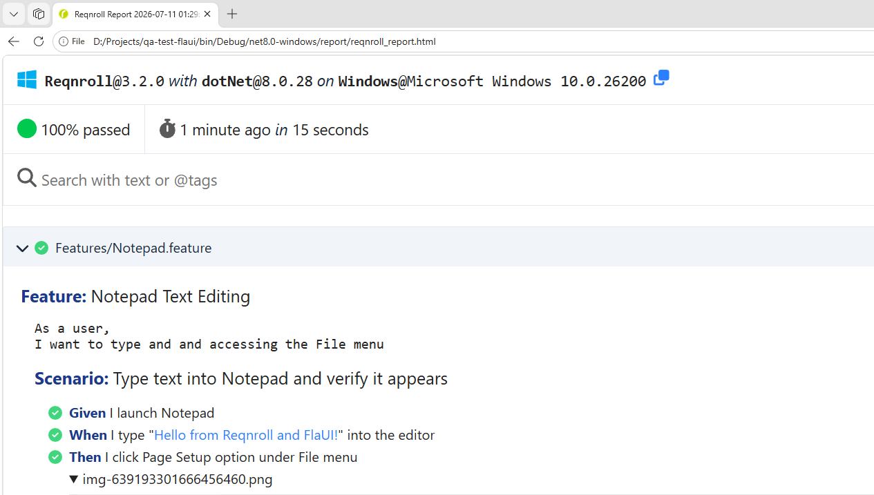 Reqnroll HTML report dashboard showing 100% passed for the Notepad feature test
