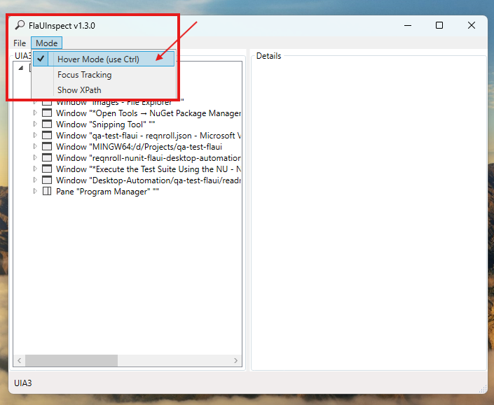 FlaUInspect Mode menu with Hover Mode (use Ctrl) selected