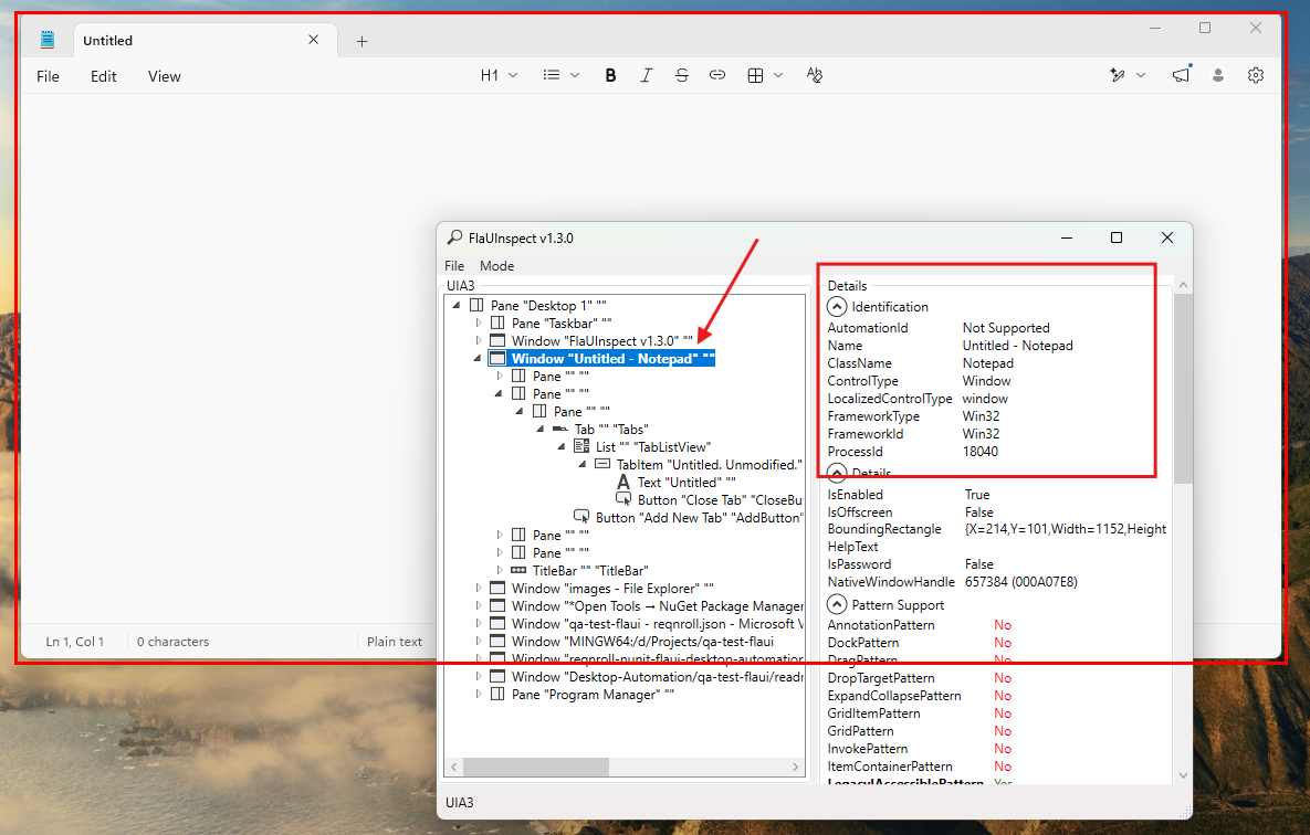 FlaUInspect showing AutomationId, Name, and ControlType details for the Notepad window title
