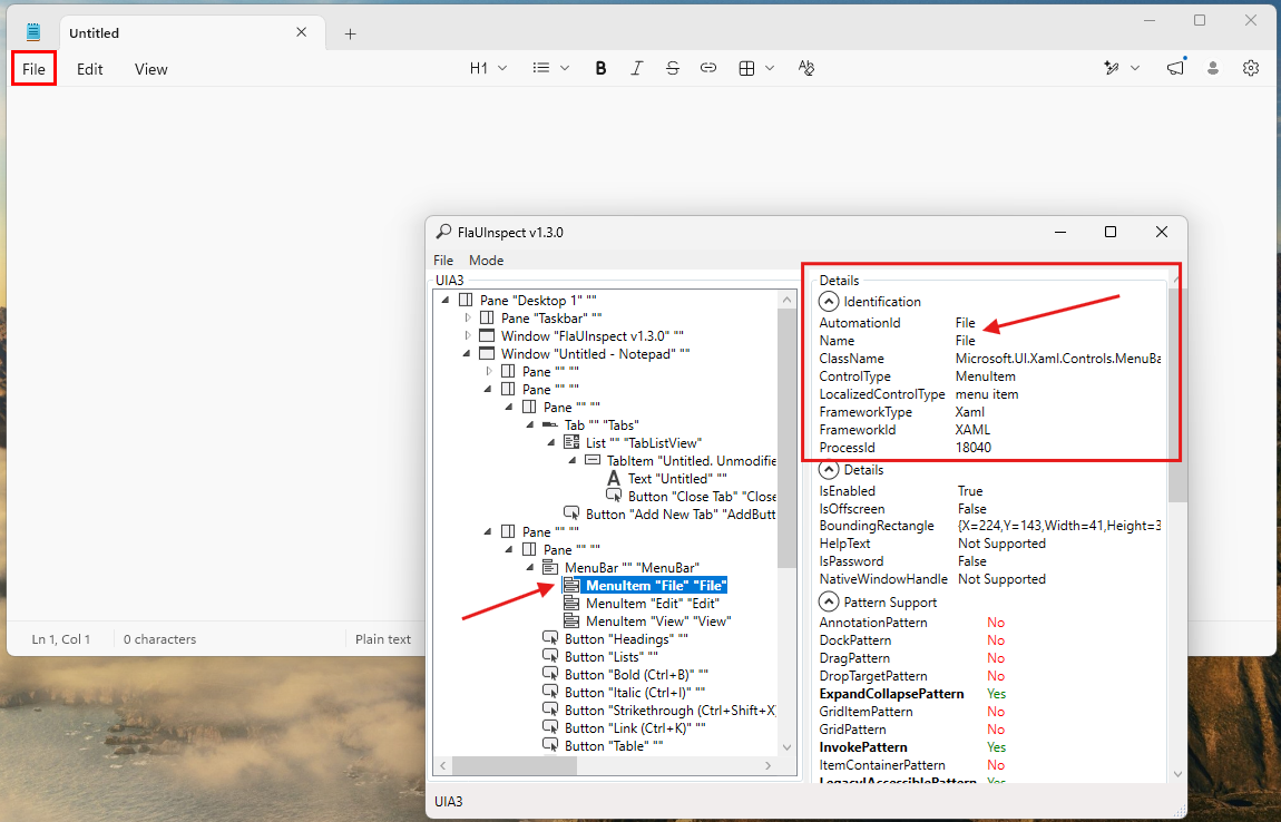 FlaUInspect showing the AutomationId and ClassName details for Notepad's File menu item